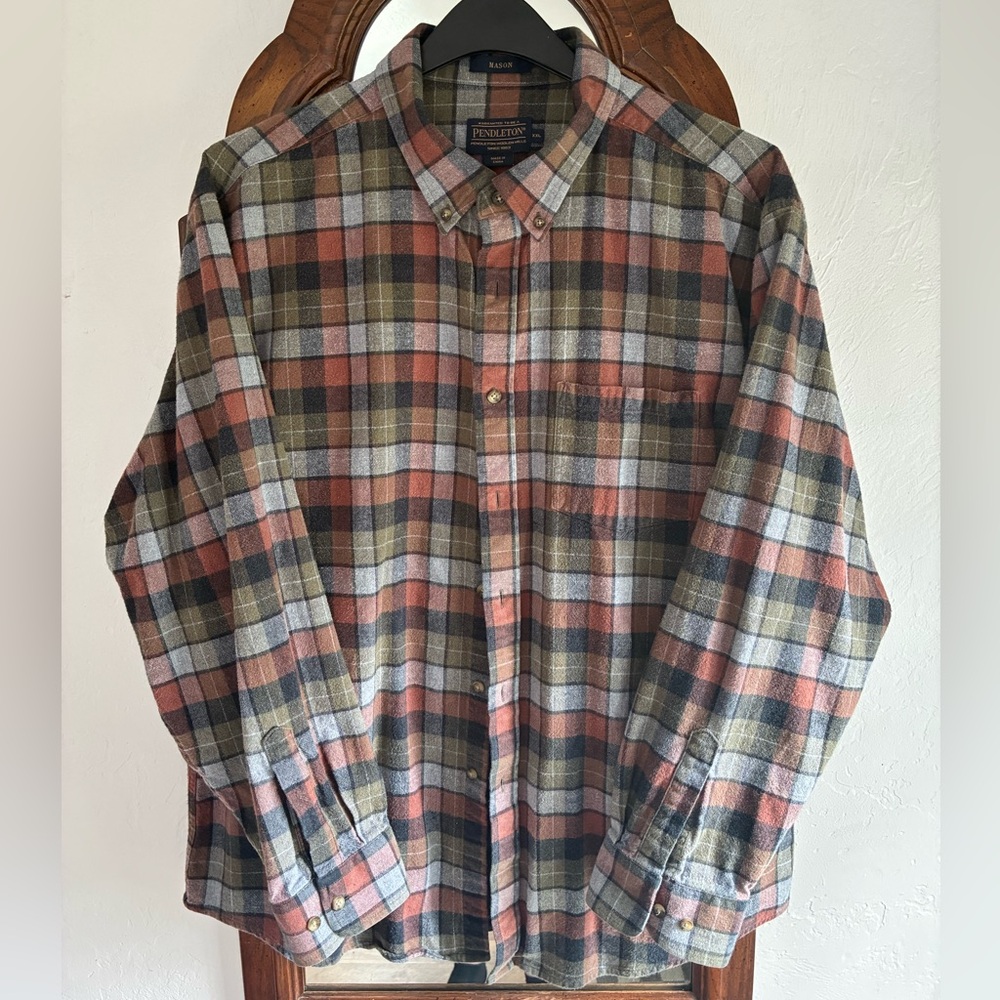 Pendleton Men’s Plaid Button-Down Shirt in Olive, Rust & Cream